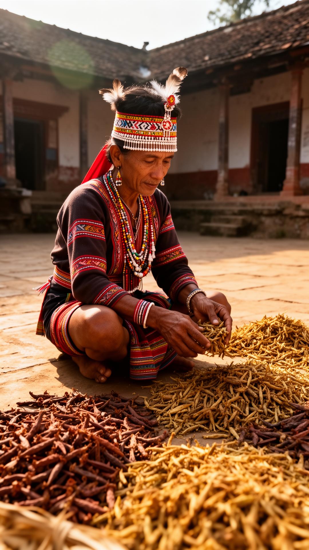 Tribal farmer sorting harvested spices